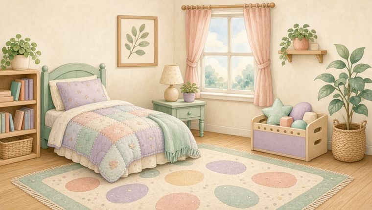 Storybook illustration of a calm pastel bedroom with a cozy bed, books and plants