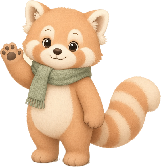 Pomroo, a friendly cartoon red panda in a sage-green scarf, waving hello